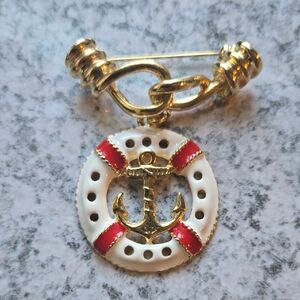 Gold and Red Anchor Brooch